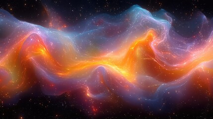 A mesmerizing cosmic abstraction with flowing waves of vibrant colors against a starry background, representing the vastness of the universe
