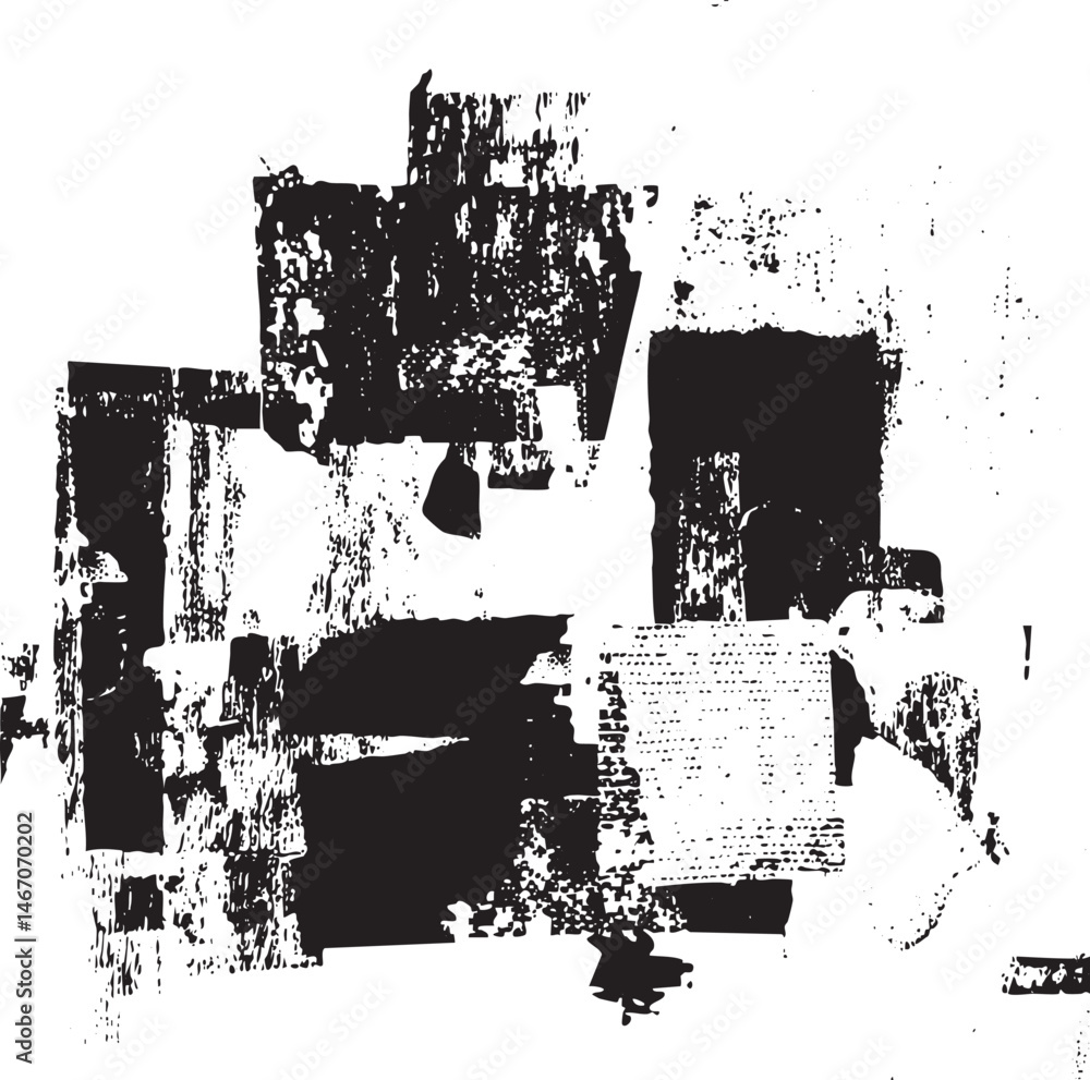 Poster fragmented black and white shapes create a dynamic abstract composition.