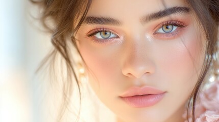 Naklejka premium A woman with light brown hair and blue eyes is wearing makeup