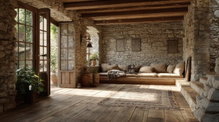 A stunning image of rustic Interior with Stone Wall and Wood Floor.