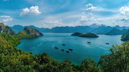 Obraz premium Panoramic view of a serene lake, mountains, and boats, perfect for travel brochures