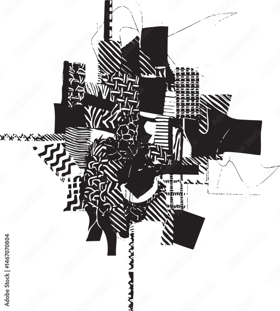 Poster a dynamic fragmented black and white abstract composition with layered geometric shapes.