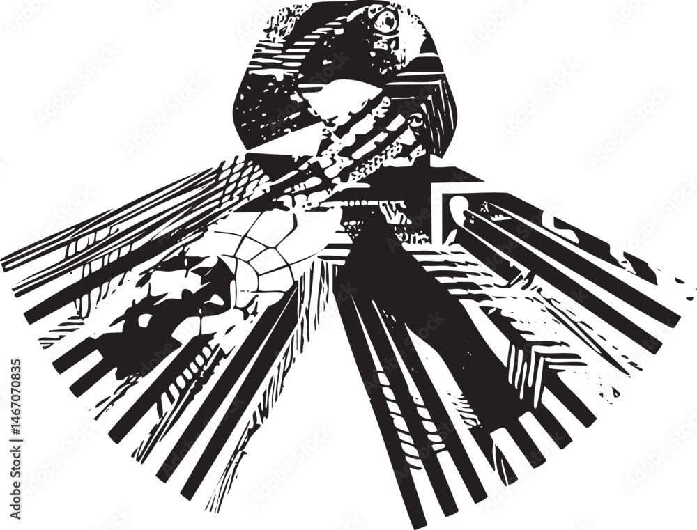 Poster a stylized hawk soars upwards through a dense array of sharp angular lines.