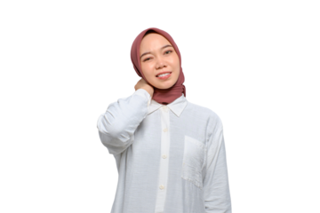 Young Asian Muslim woman touching her neck feeling tired after long working hours isolated on transparent background