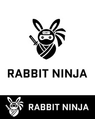 Creative ninja rabbit logo featuring a cute cartoon bunny in ninja attire with a sword in black and white 