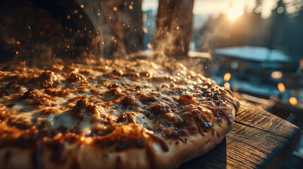 A close-up of a freshly baked pizza, steaming on a rustic wooden serving board.