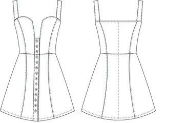 sleeveless strappy strapless shoulder straps sweetheart neck princess darted  buttoned a line short mini dress jean template technical drawing flat sketch cad mockup fashion woman design style model 
