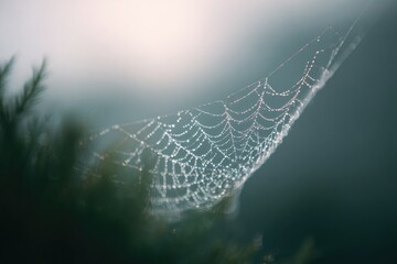 delicate spider web glistening with morning dew strands visible against blurred natural background