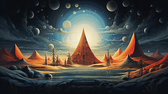 Monolith on Desert, Surreal Painting Art