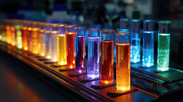 A stunning image of biotechnology lab featuring multi-colored glowing liquids in test tubes, representing advanced gene therapy research.