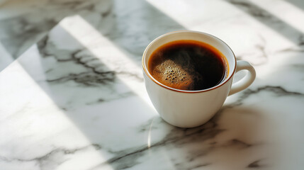 Warm cup of coffee resting on a marble surface