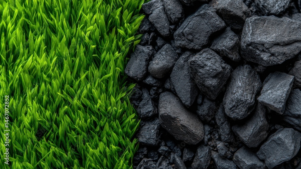 Poster a field of grass is next to a pile of rocks