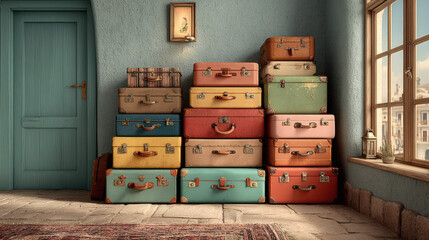 A towering pile of colorful vintage suitcases creates a charming and nostalgic atmosphere.
