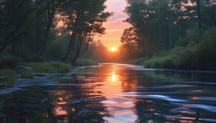 Fototapeta premium Serene sunset reflection tranquil river nature photography peaceful landscape scenic view water and light harmony