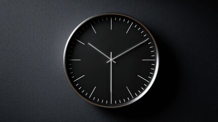 A stunning image of simple black clock with silver hands on a black wall.