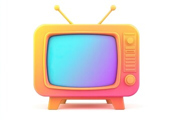 Retro television, vibrant colors, 3D model.  A stylized, colorful vintage television set, rendered in 3D.  Soft, gradient hues of orange and blue fill the plastic casing