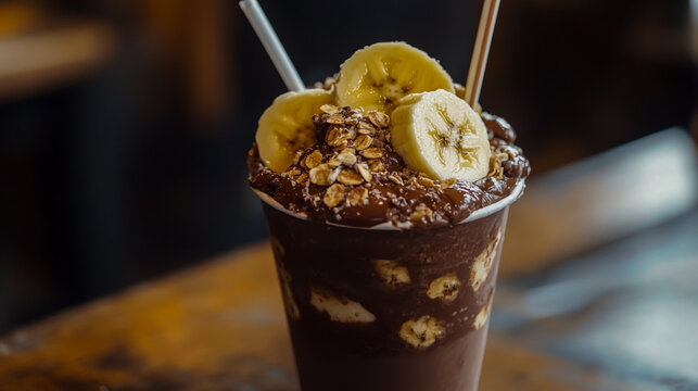 A close-up photo of a banana and chocolate smoothie in a paper cup with a straw, with banana slices on top