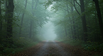 Foggy forest road with trees