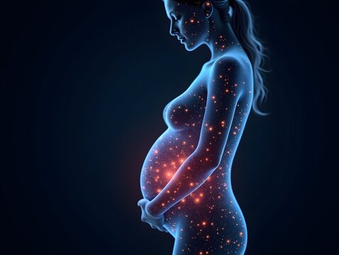 A pregnant figure stands with a glowing, digitized overlay of colorful patterns, symbolizing the connection between life and technology. The futuristic design highlights the beauty of motherhood.