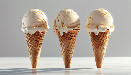 Trio of vanilla ice cream cones on waffle cones in pastel tones with copy space