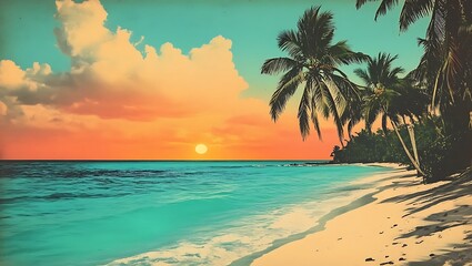 Tropical paradise sunset on a sandy beach with palm trees under a summer sky  on classic postcard