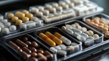 Clear plastic pill organizer with various pills and capsules for health management and medication storage