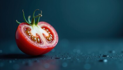 Freshly sliced tomato with water droplets on blue background with copy space