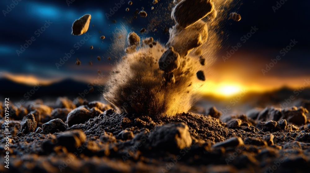 Poster A large rock is falling from the sky and creating a cloud of dust