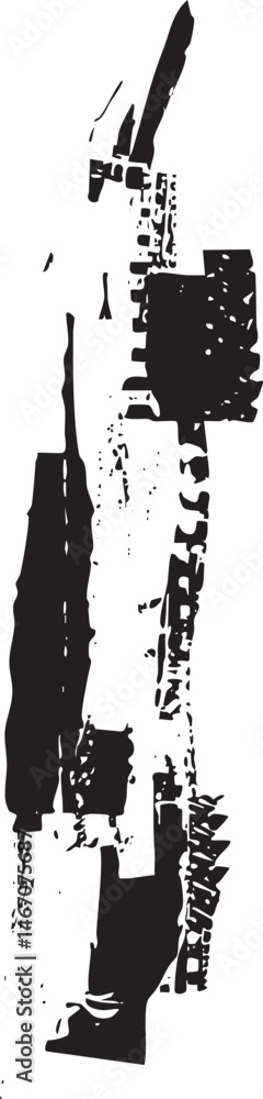 Poster a vertical abstract composition of fragmented textured shapes in black and white.