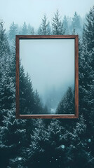 A wooden frame showcases a misty, snow-covered evergreen forest scene