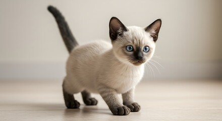 Siamese kitten struts on wooden floor