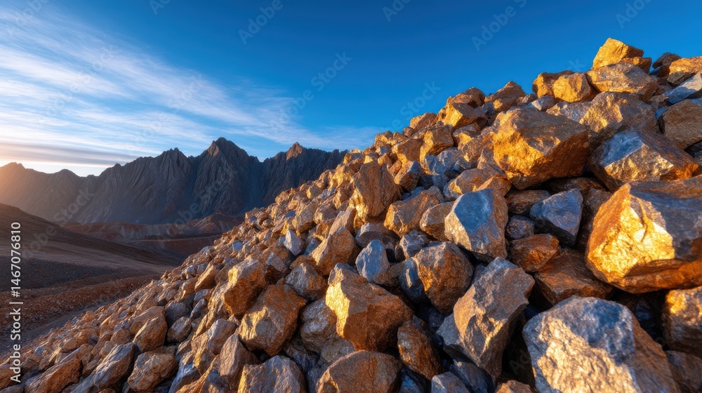 Poster a mountain range with a large pile of rocks in the foreground