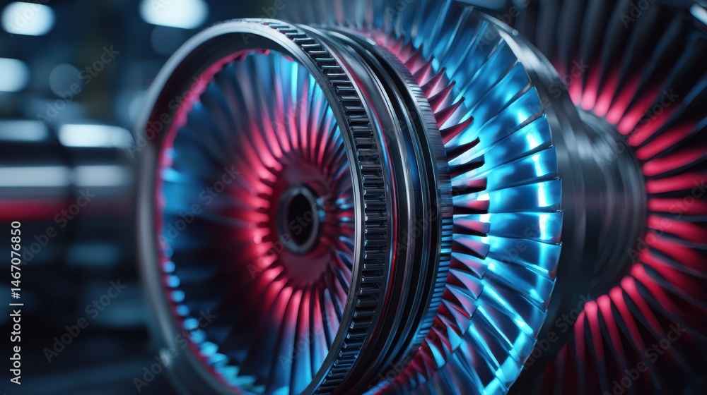 Aufkleber a stunning image of high-tech turbine component with intricate metallic design, illuminated by blue 