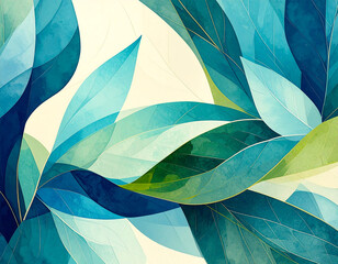 An abstract arrangement of stylized leaves in a cool color palette, creating a sense of nature with a modern artistic touch.