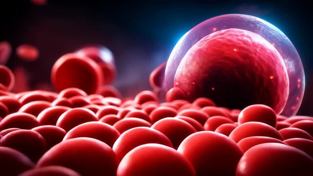 Detailed microscopic view of numerous red blood cells, including one enclosed in a protective barrier, within the bloodstream environment
