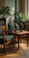 Bright science-themed podcast studio with 2 mics, mid-century chairs, plants, and clinical decor—ideal for interviews and creative science content.
