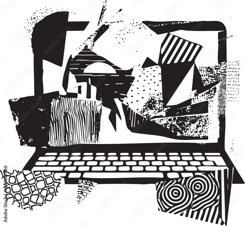 Aufkleber a stylized laptop rests on a textured surface displaying abstract digital shapes.
