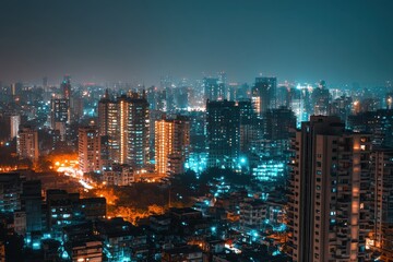 Vibrant city skyline illuminated at night with glowing buildings and bustling streets