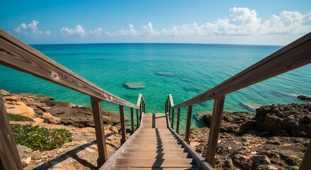 Fototapeta premium Wooden Stairs Leading to Turquoise Water