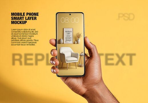 A hand holding a smartphone in a colored studio setting  background - mockup