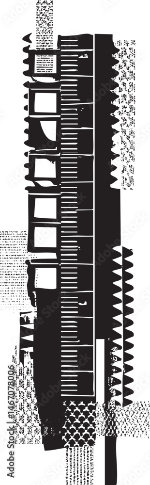 Poster a vertical ruler extends across a textured background filled with geometric shapes and lines.