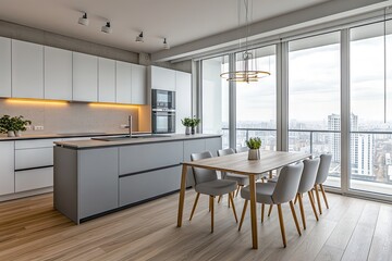 Fototapeta premium Nowoczesne wnętrze kuchni z eleganckim kącikiem jadalnym i widokiem na panoramę miasta. Eleganckie meble i ciepła atmosfera. Idealne do współczesnego stylu życia.