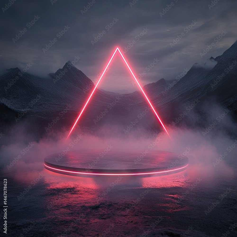 Aufkleber a glowing triangular portal stands on a circular platform amidst a mystical landscape of mountains a