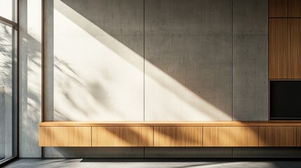 A polished wooden log rests against a textured concrete wall. illuminated by soft natural light. creating a serene atmosphere ideal for interior design inspiration