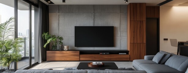 A modern living room featuring a sleek television mounted on a textured gray wall. accompanied by minimalist furniture and greenery. creating a serene ambiance