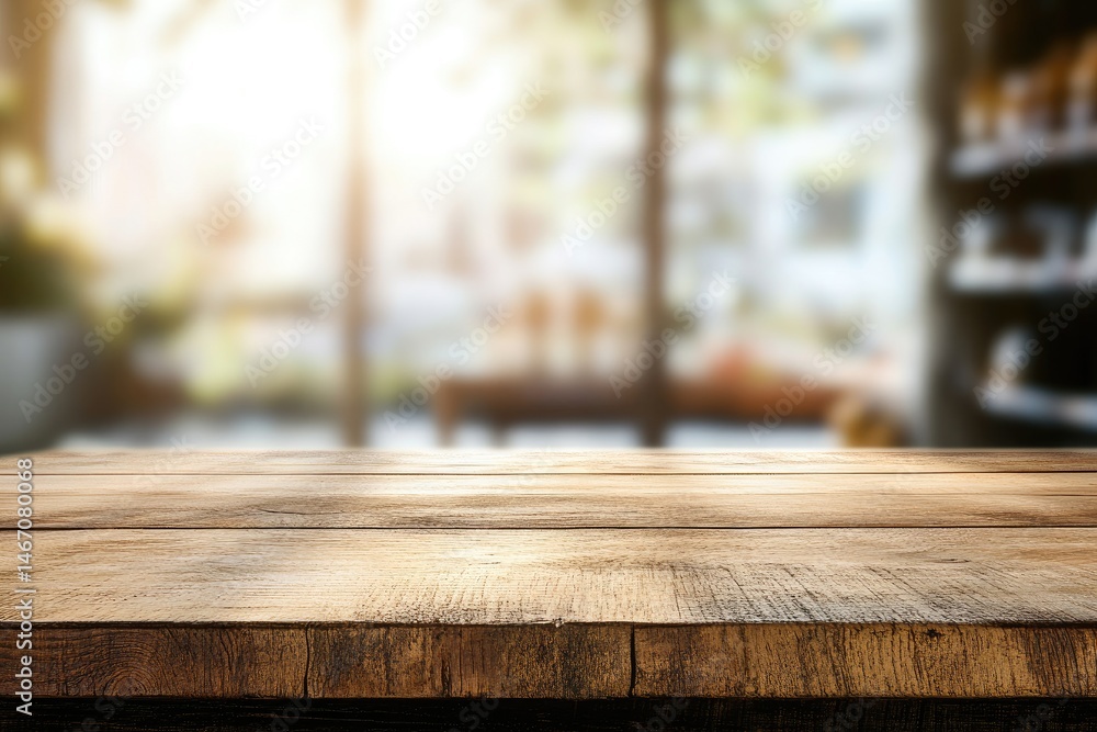 Poster a rustic wooden table in a cozy caf? setting. surrounded by shelves filled with various products. cr