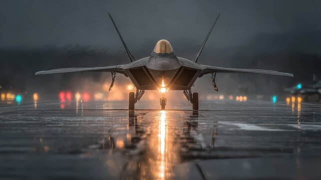 A stunning image of f-22 raptor stealth fighter jet on rainy runway with lights on.