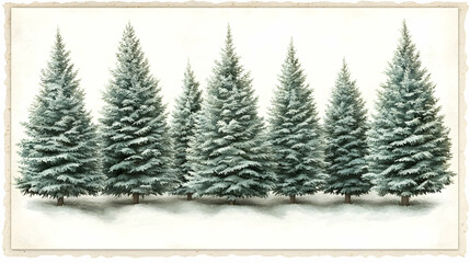 Obraz premium Seven snow-covered evergreen trees stand in a row against a white background