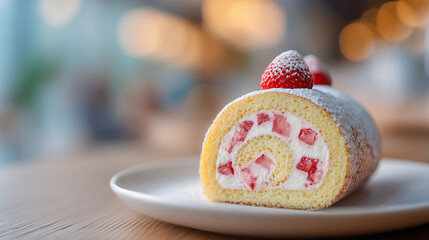 粉砂糖とイチゴをトッピングした華やかなロールケーキ | 明るいボケ背景