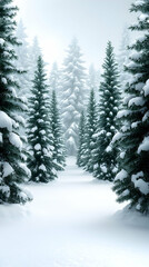 Obraz premium Snow-covered evergreen trees line a path through a tranquil winter forest